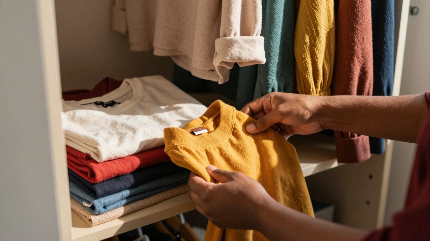 Closet with colorful clothes, sunlight, organized wardrobe.