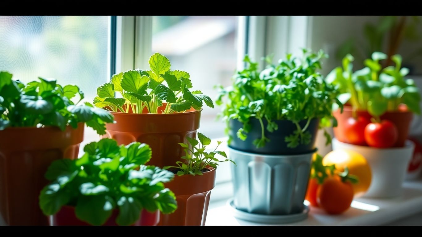 Frisches Gemüse wächst auf einer sonnigen Fensterbank.