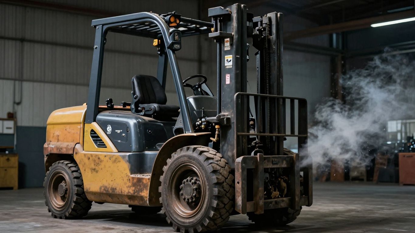 รถโฟล์คลิฟท์น้ำมันปล่อยควันในคลังสินค้า