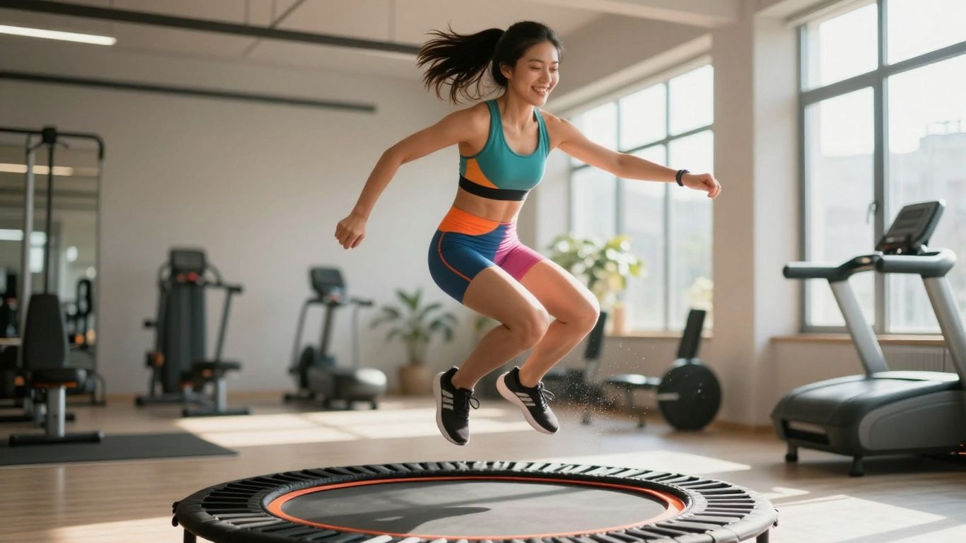 Woman joyfully bouncing on a mini-trampoline.
