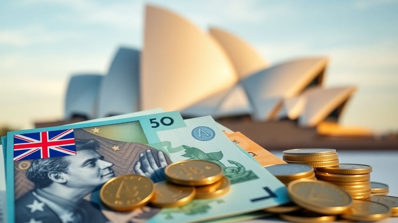 Australian dollars and coins with Sydney Opera House background.