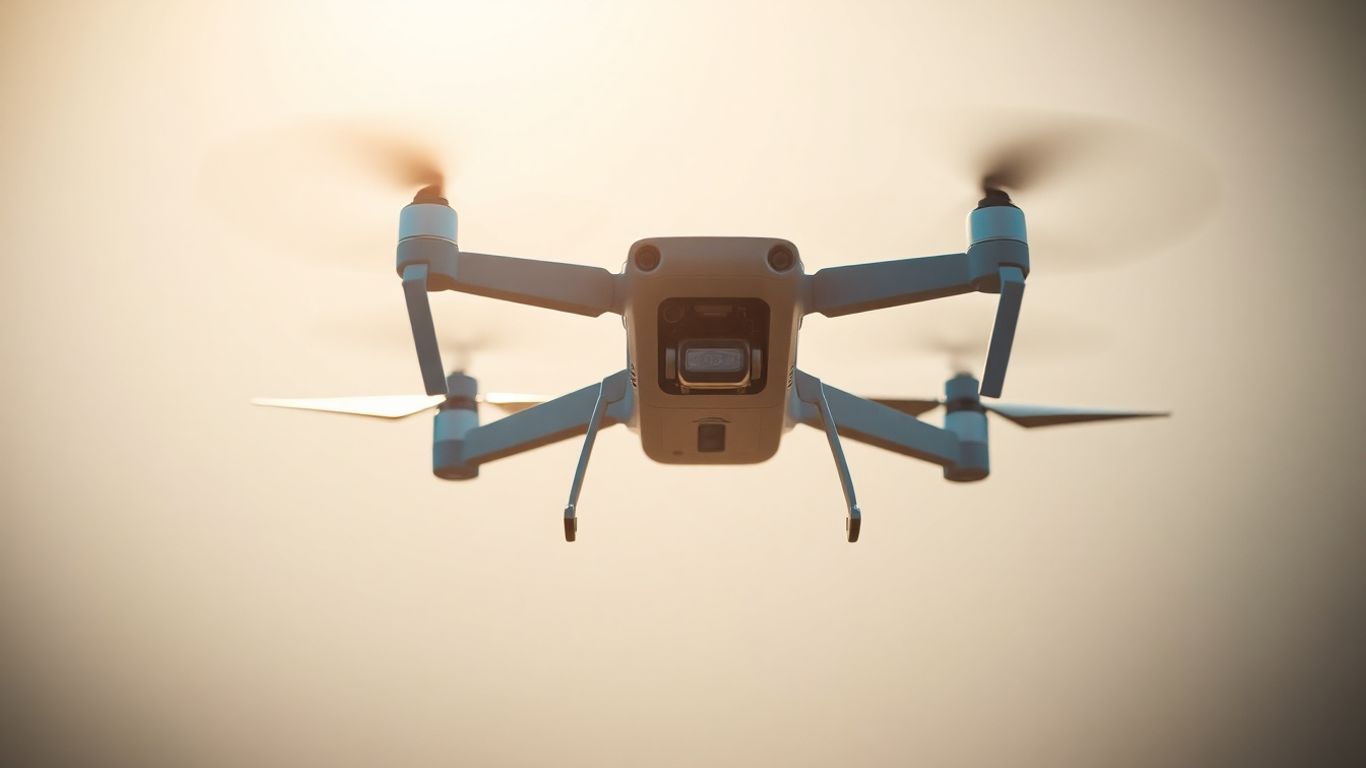 Modern drone hovering in the air.