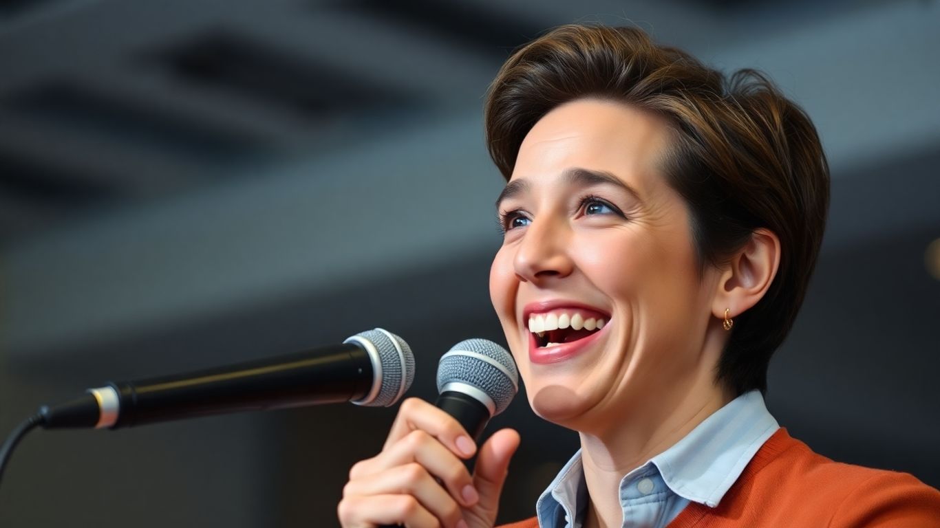 Person speaking confidently into a microphone