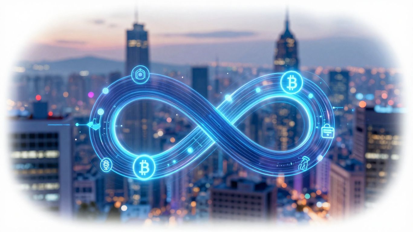 Infinity symbol and crypto icons in a futuristic setting.