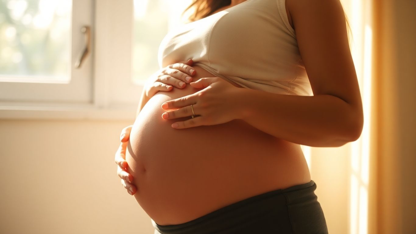 Mulher grávida sorrindo e tocando a barriga suavemente.