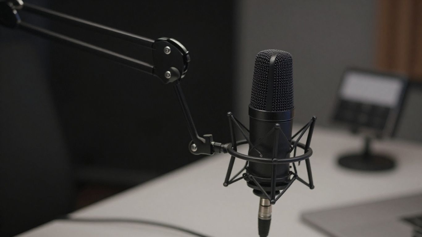 Estudio de podcast moderno con micrófono y luces.