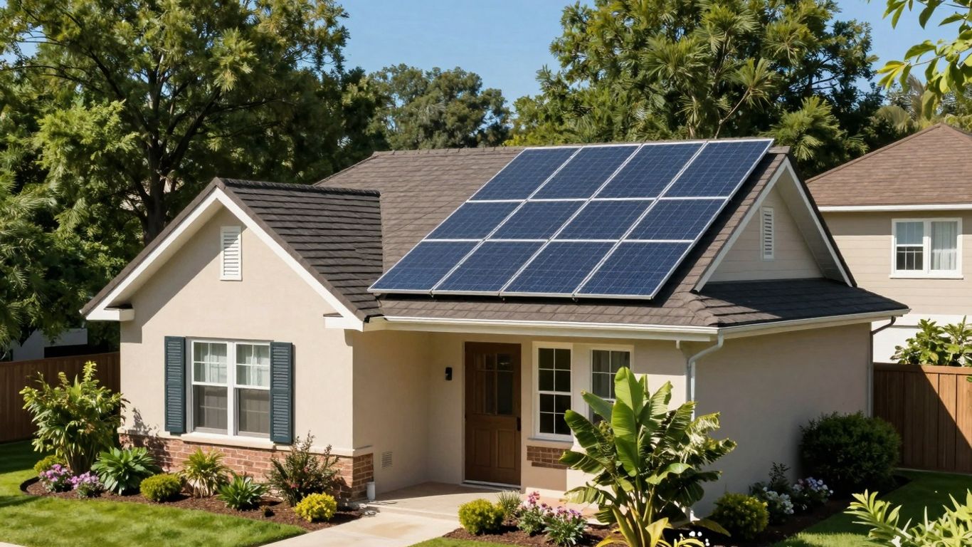 Home With Solar Panels Under A Sunny Sky.