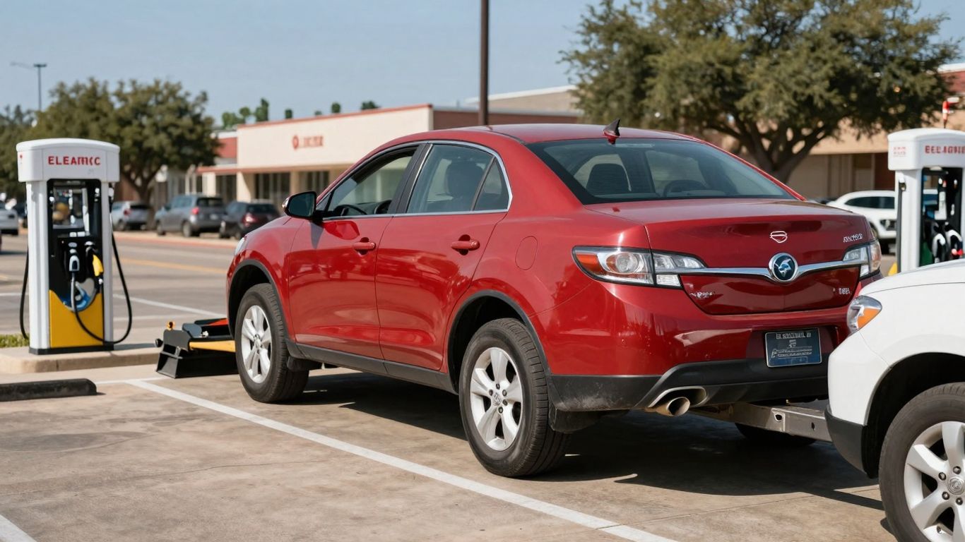 Tow truck removing gas car from EV parking spot in Texas.