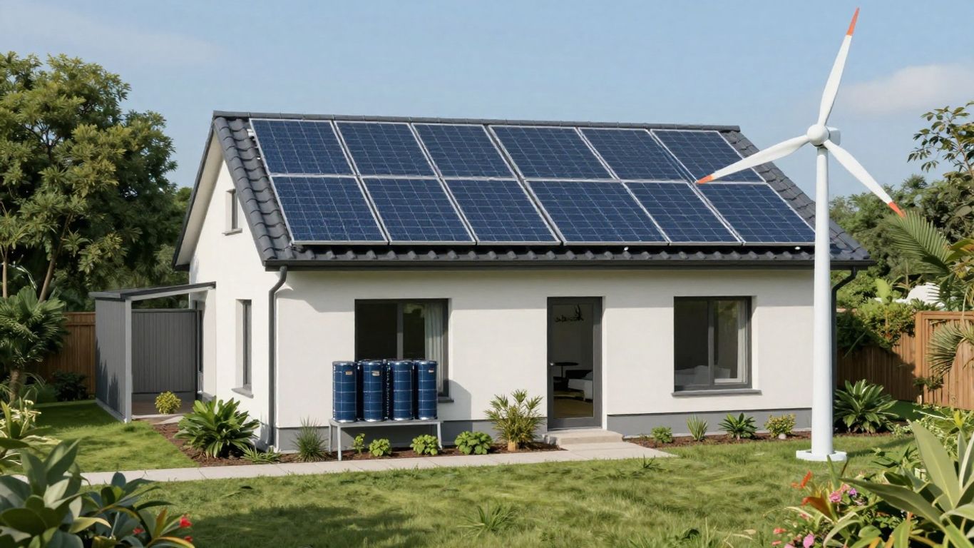 Maison autonome avec panneaux solaires et éolienne.