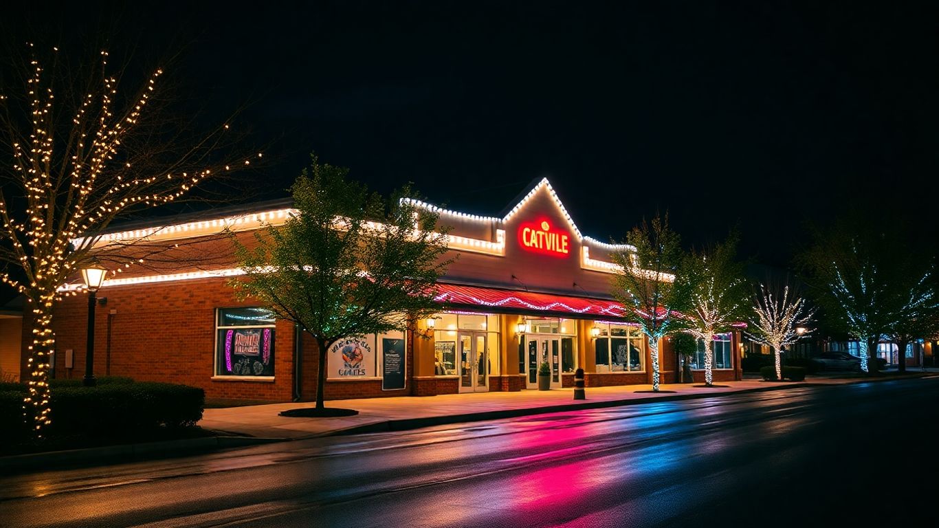 Commercial building adorned with bright Christmas lights in Oakville.