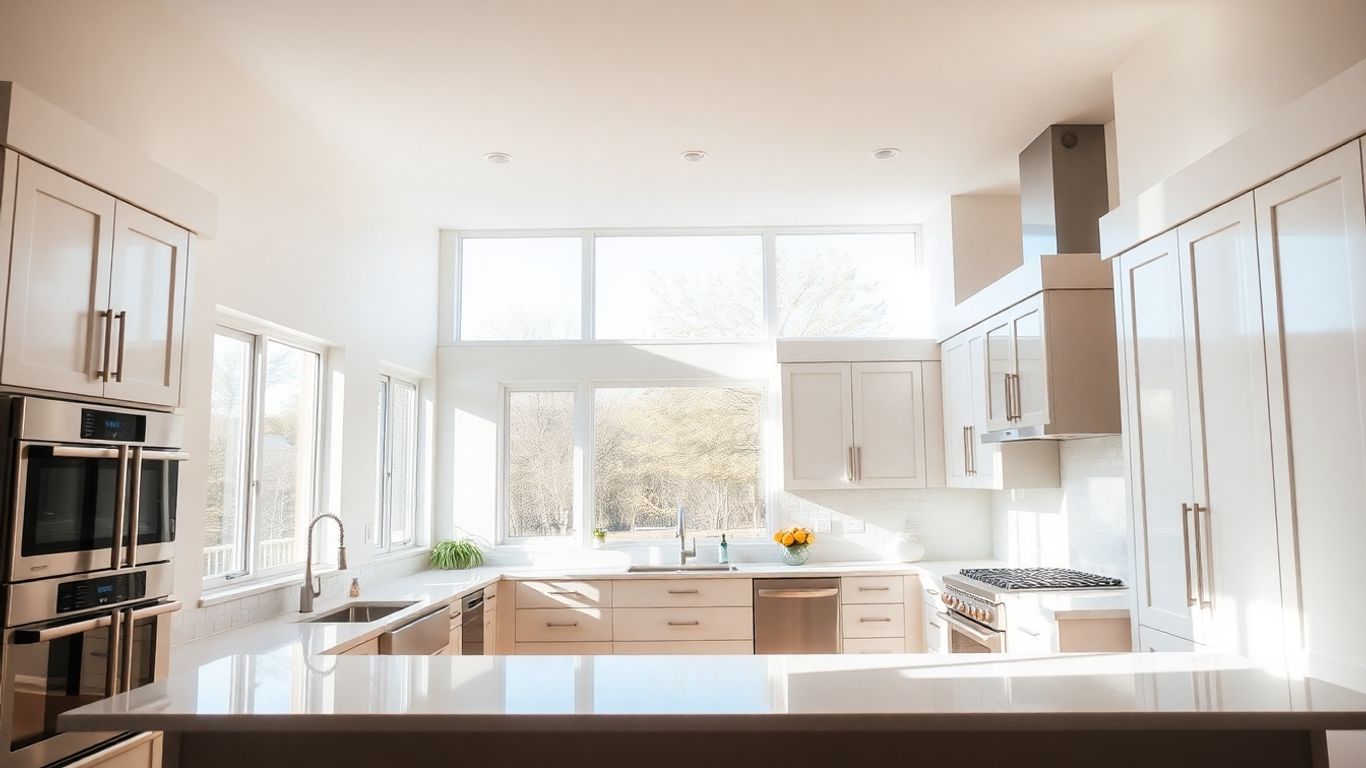 Modern kitchen renovation with island and natural light.