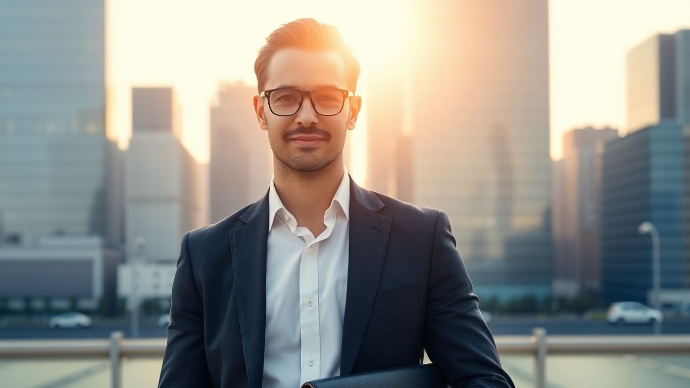 Man in suit with briefcase, financial district background.