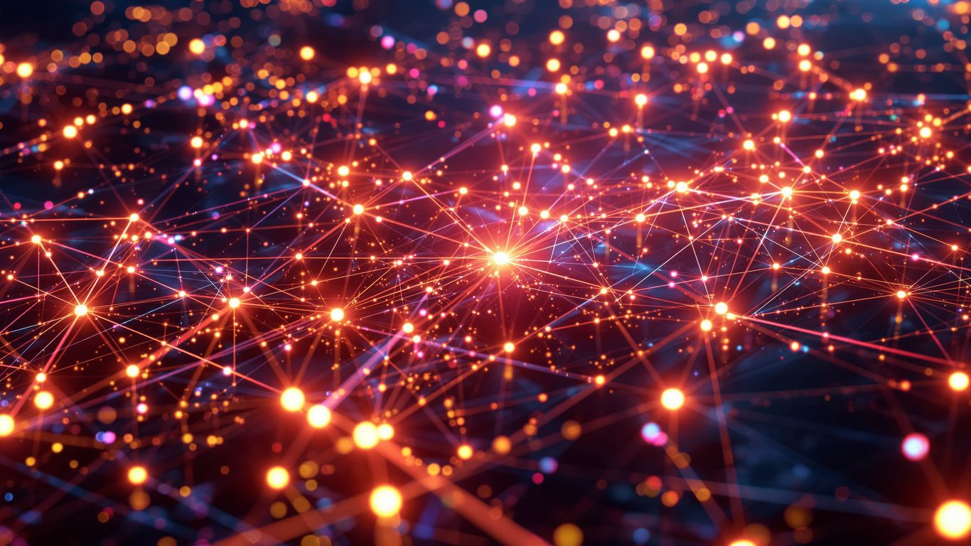 Glowing digital network with interconnected nodes and light streams.