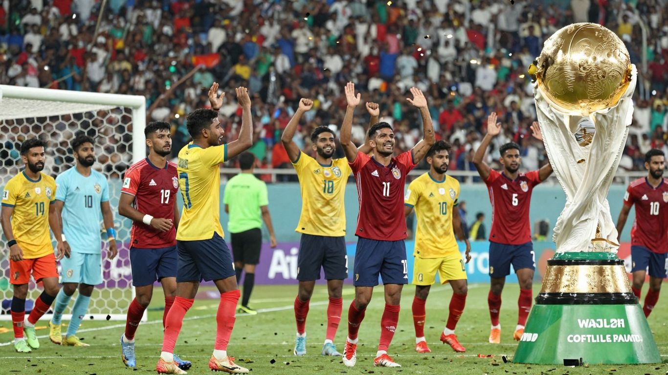 Jucători sărbătoresc trofeul Campionatului Mondial de Fotbal.