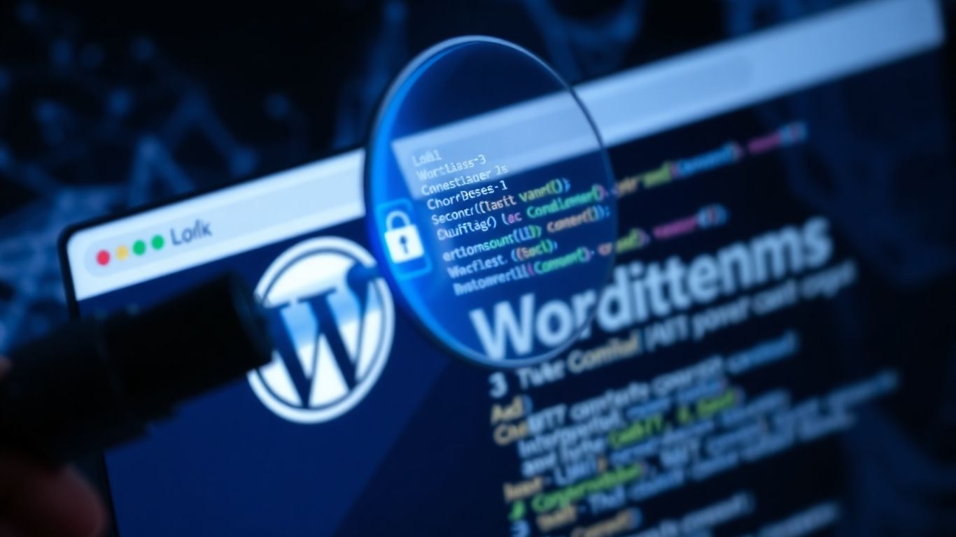 Digital security scanner inspecting WordPress website code for vulnerabilities.
