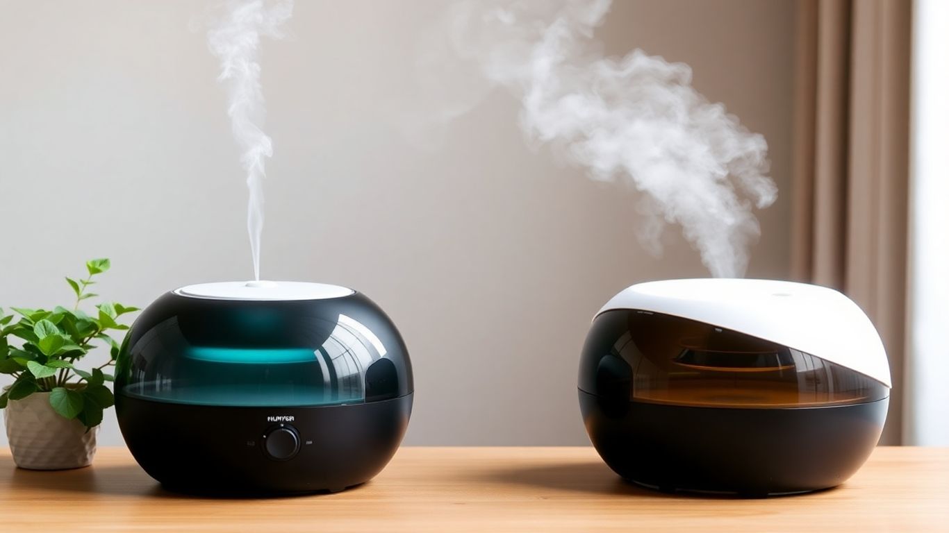 Deux humidificateurs, vapeur et ultrason, sur une table
