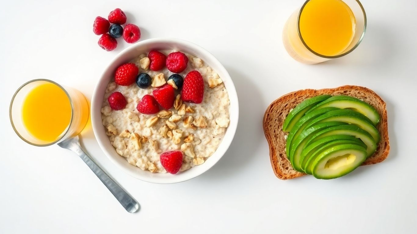 Healthy pregnancy breakfast with oatmeal, berries, and juice.
