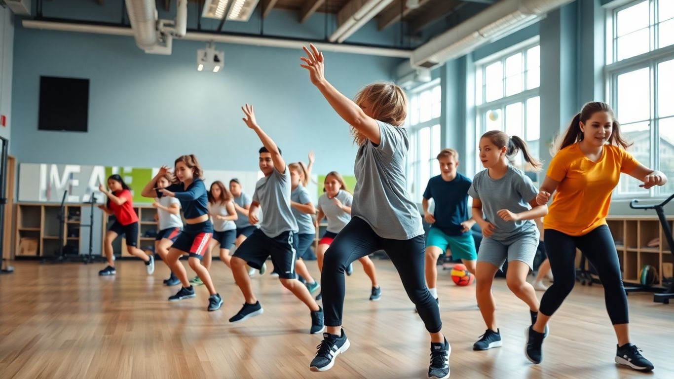 Sch&uuml;ler trainieren mit modernen Ger&auml;ten im Sportunterricht.