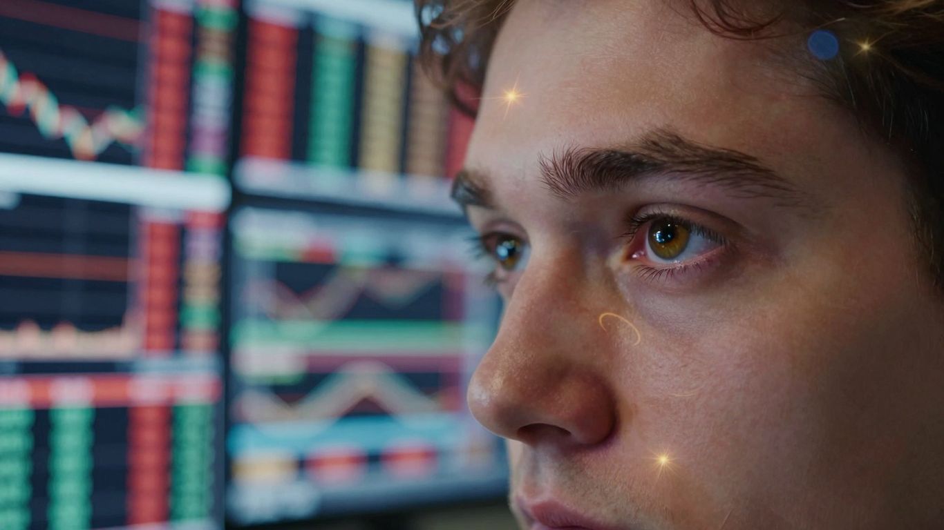 Focused trader's eyes reflecting a digital stock market display.
