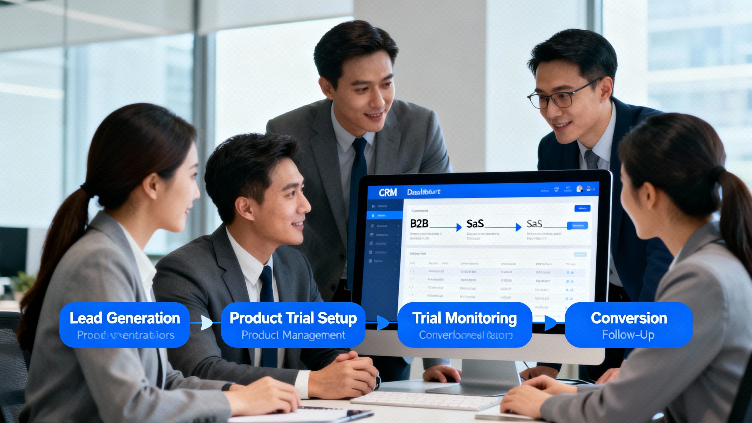 sales team using crm for b2b saas sales to manage product trials and conversion steps