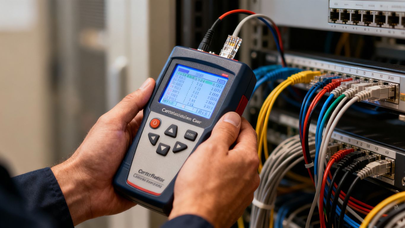 Technician using a network cable certification tester.