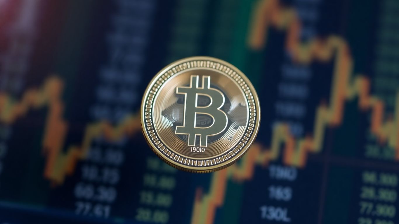 Digital coin hovering above abstract financial patterns.