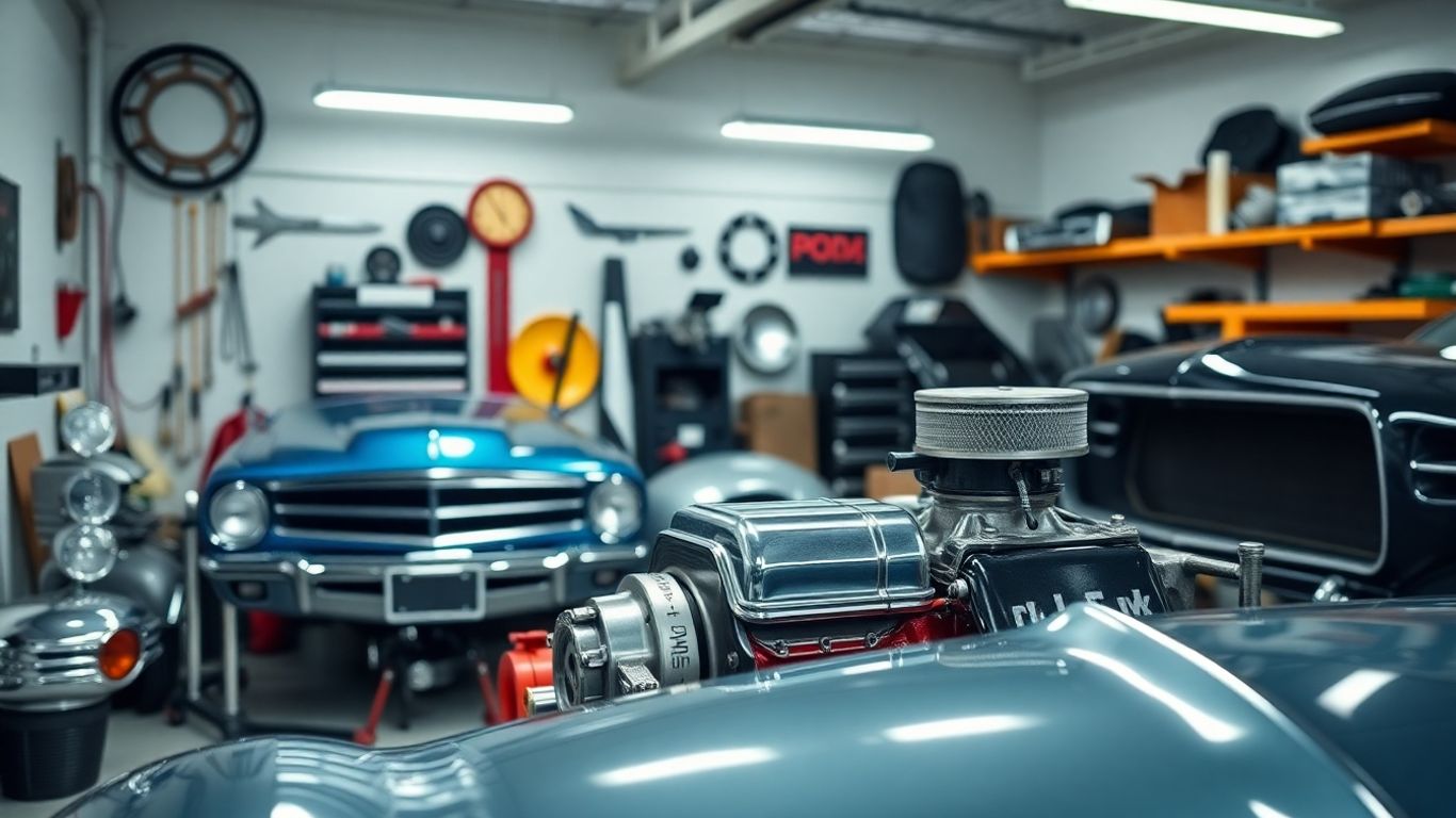 Shiny Dodge car parts in a garage