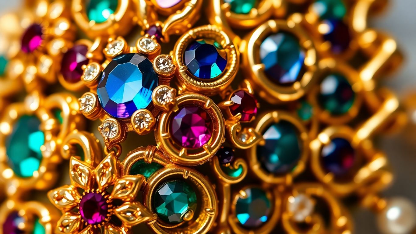 Intricate Kundan jewelry with sparkling gemstones and gold foil.