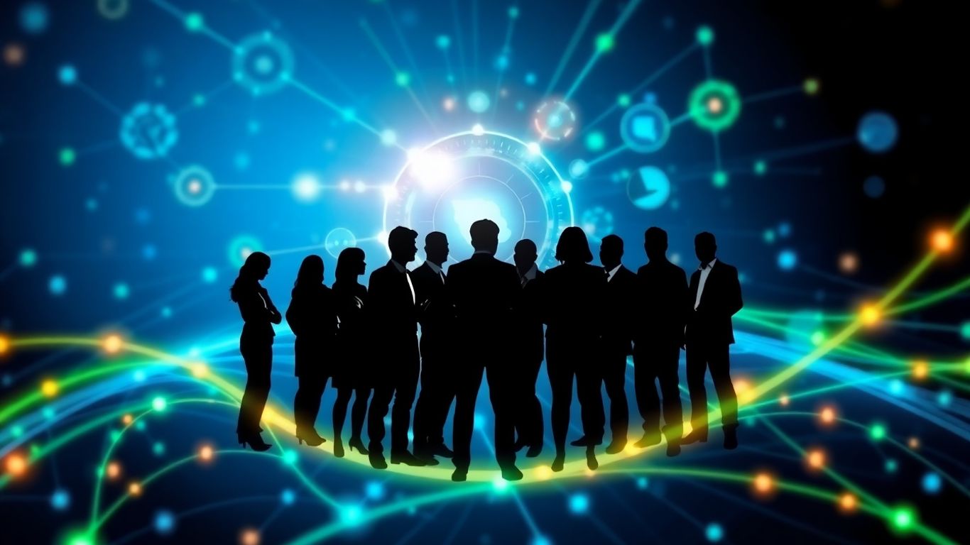 Business professionals collaborating with technology and data.