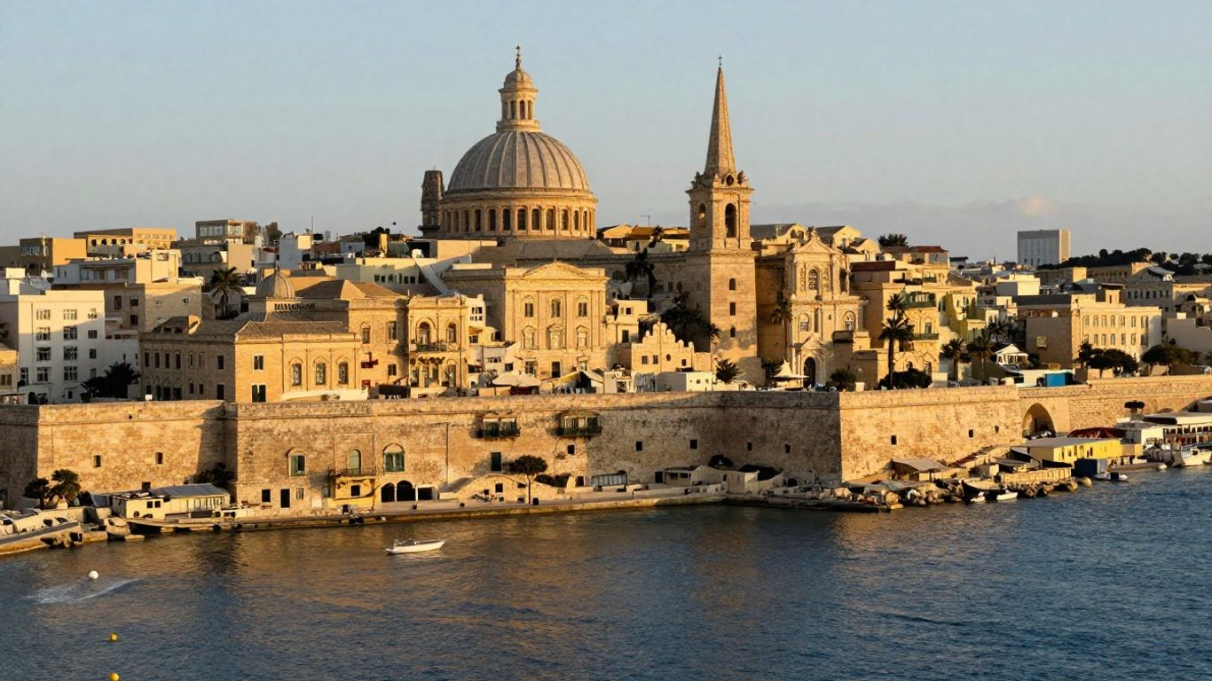 Golden sunlight on Valletta, Malta's historic stone buildings.