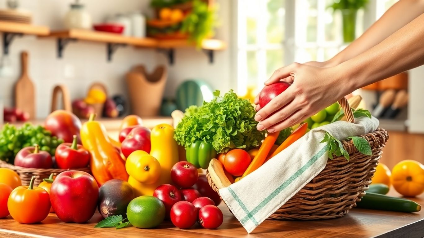 Healthy food preparation with fresh fruits and vegetables.