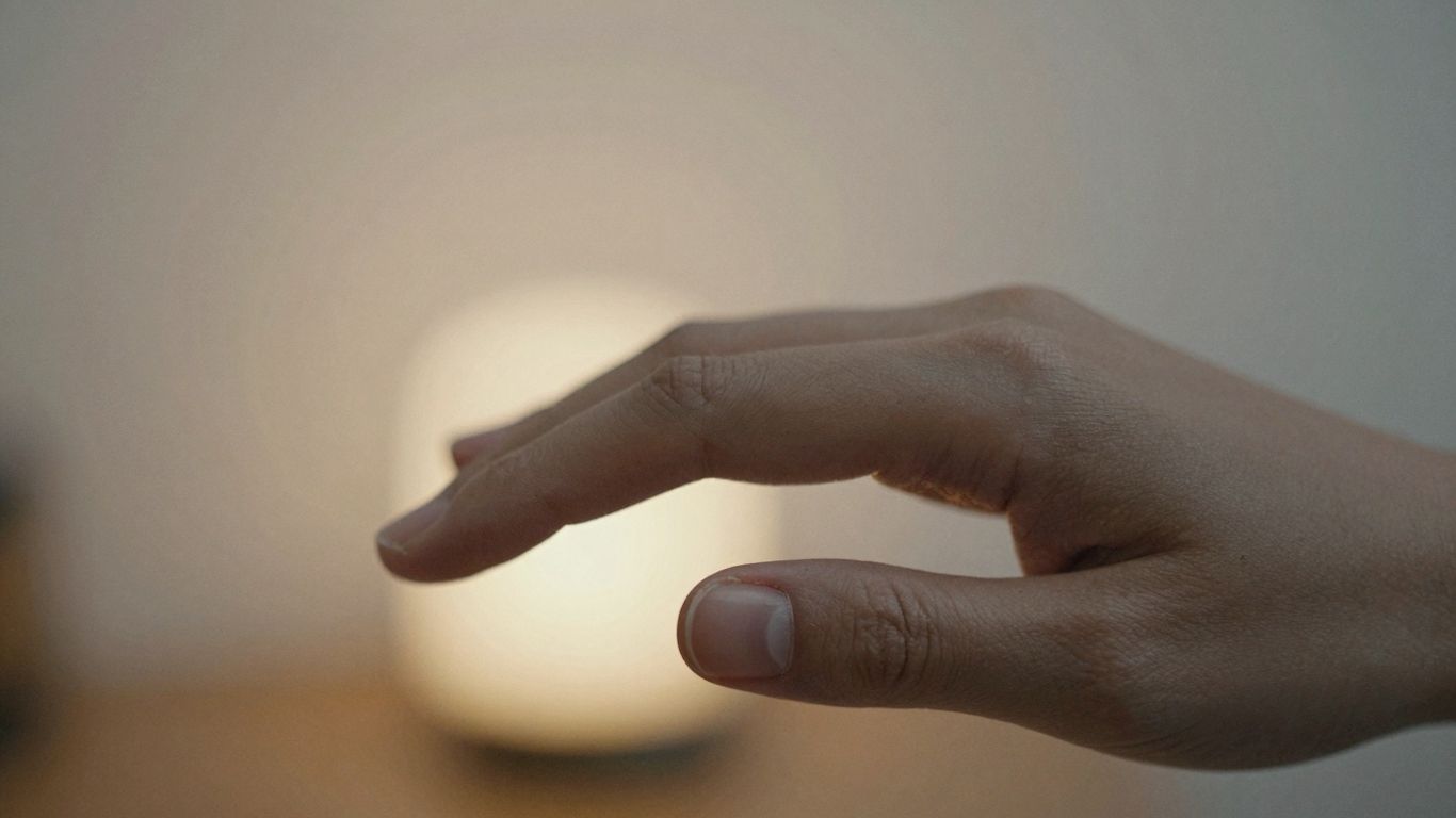 Persoană atingând o sursă de lumină caldă.