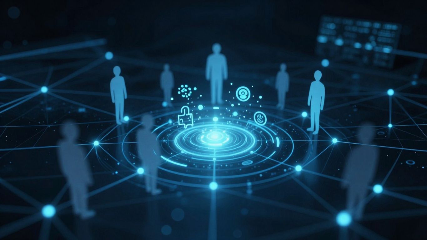 Digital network with glowing nodes and human silhouettes.