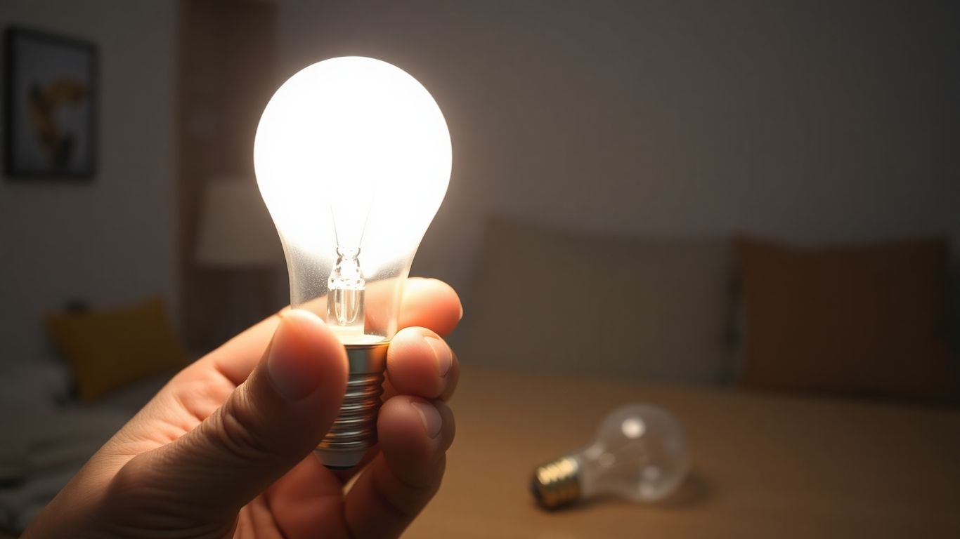 Hand holding LED bulb, replacing old halogen bulb.