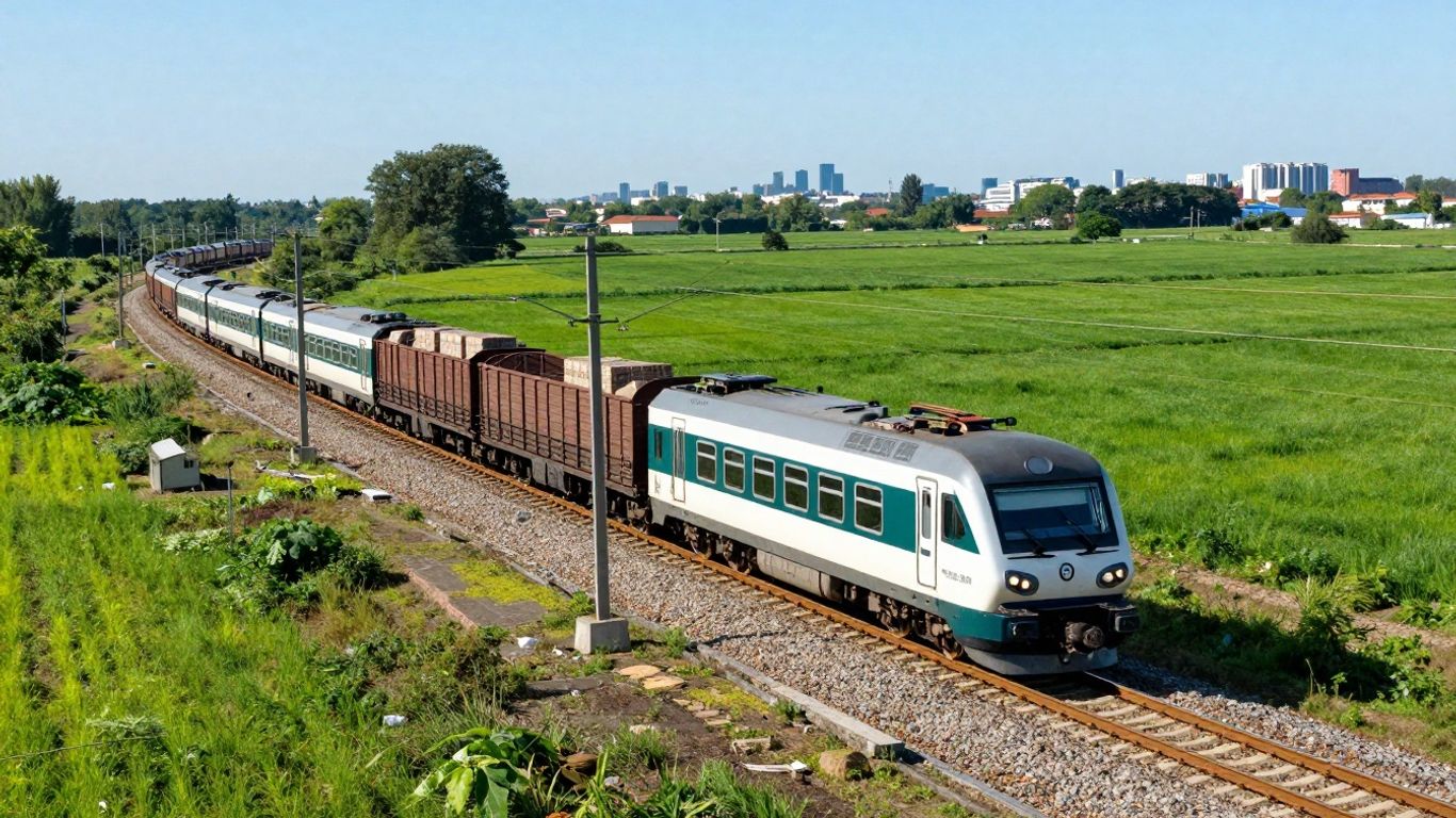 Electric freight train moving through green landscape.