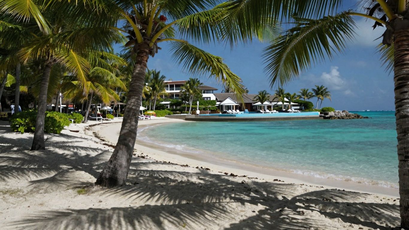 Plaża z palmami i turkusową wodą, luksusowy hotel.