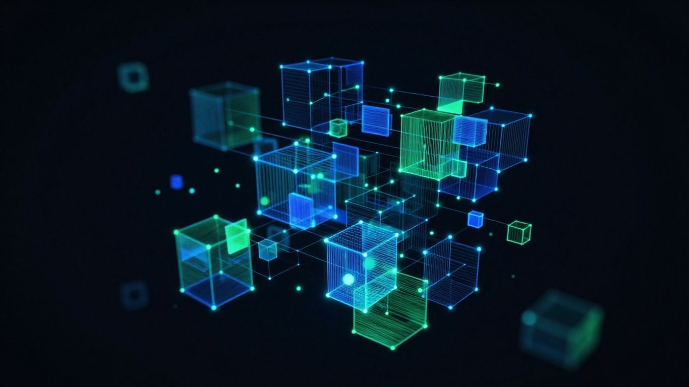 Rețea digitală interconectată, blocuri luminoase, flux de date.