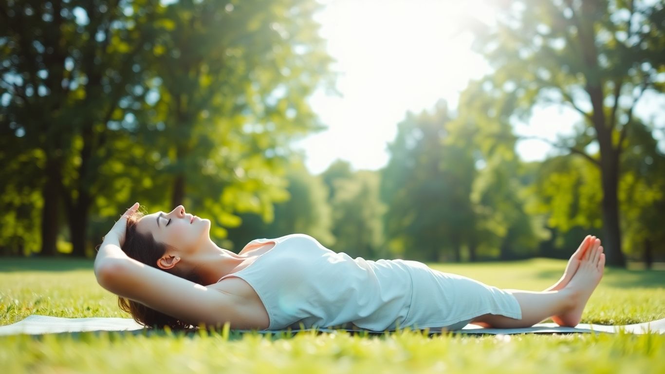 Person stretching outdoors in sunlight, looking peaceful.