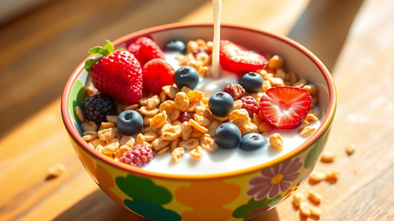 Healthy breakfast cereal bowl with berries and milk.