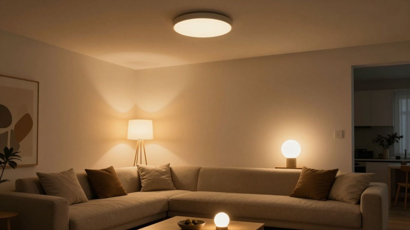 Modern living room with smart, ambient lighting solutions.