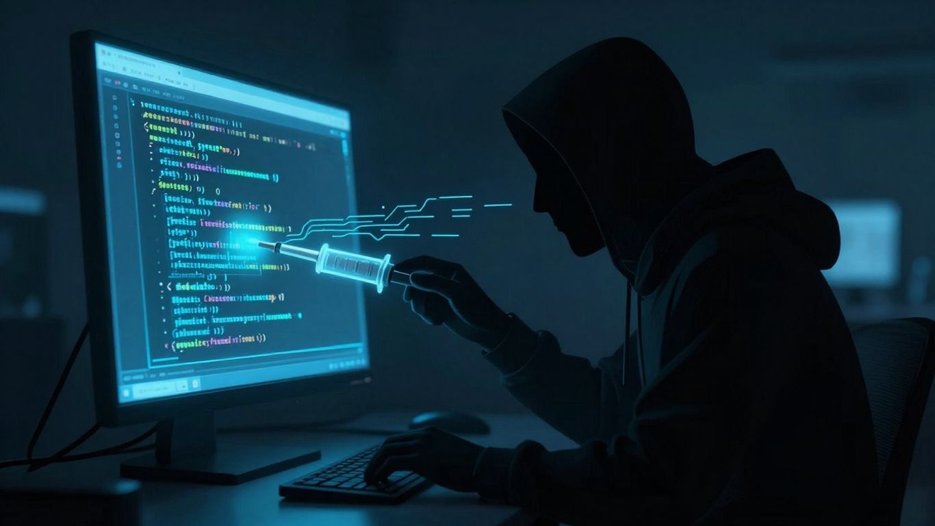 Cybersecurity concept of XSS attack on a computer screen.