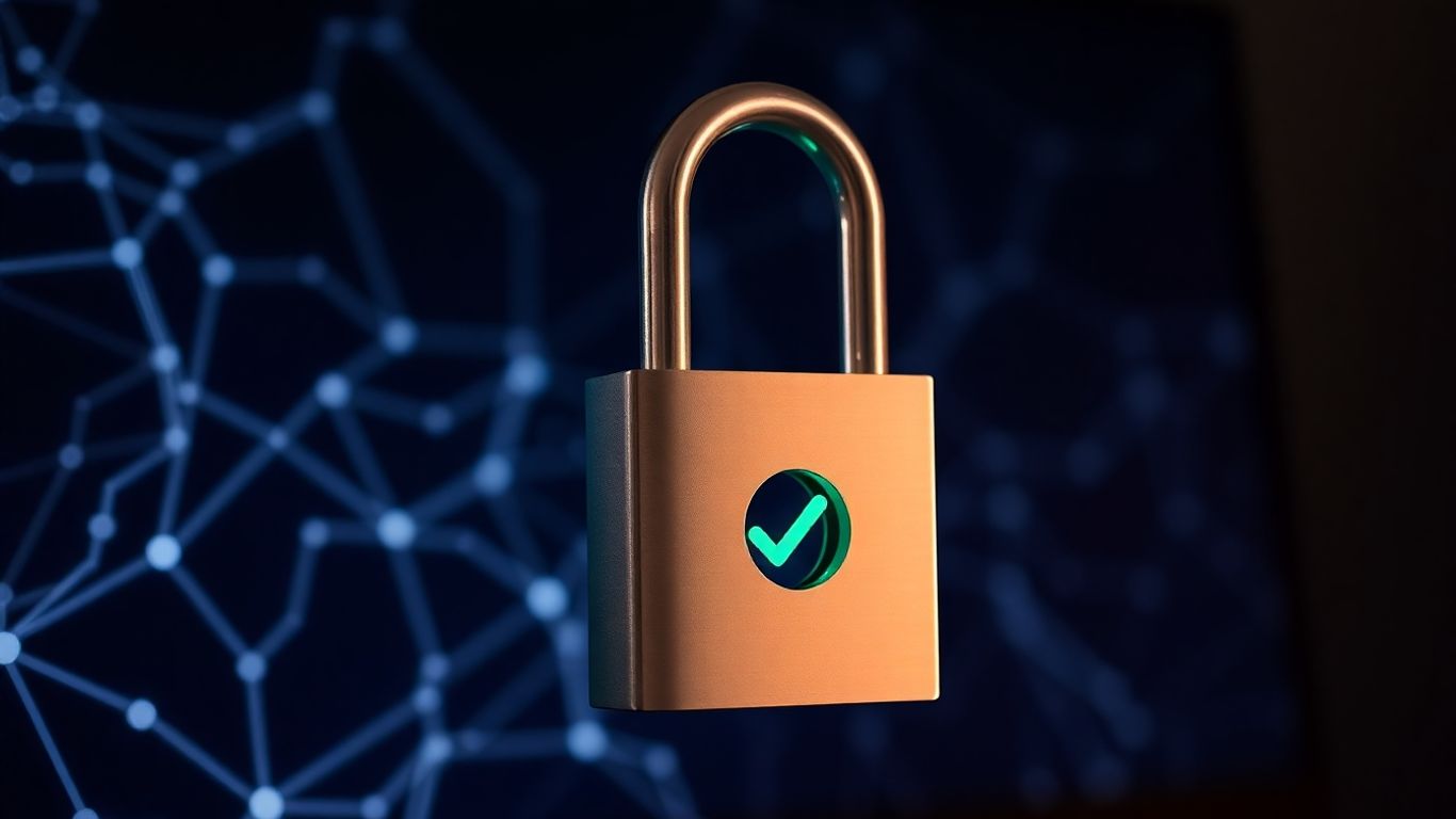 Digital padlock on computer screen, security checkmark.