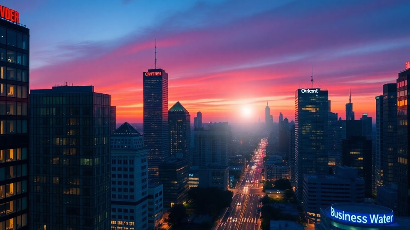 Cityscape at dusk with illuminated buildings and subtle glow.