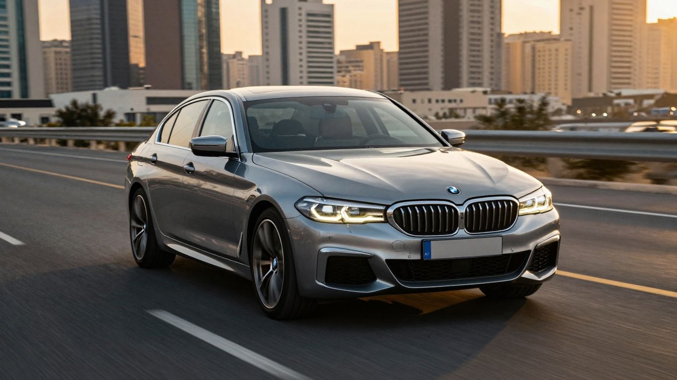 BMW car driving on a scenic road at sunset.