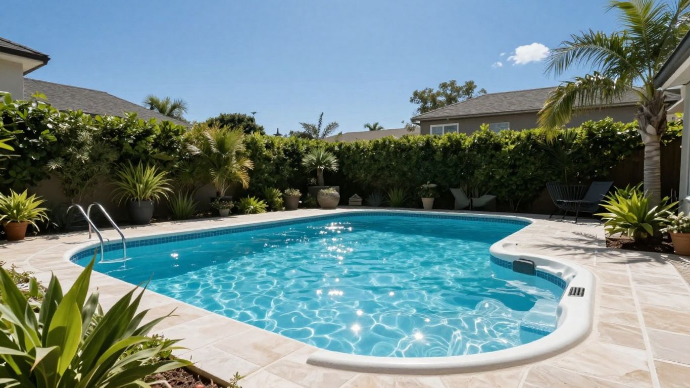 Sparkling clean residential pool and spa with blue sky.
