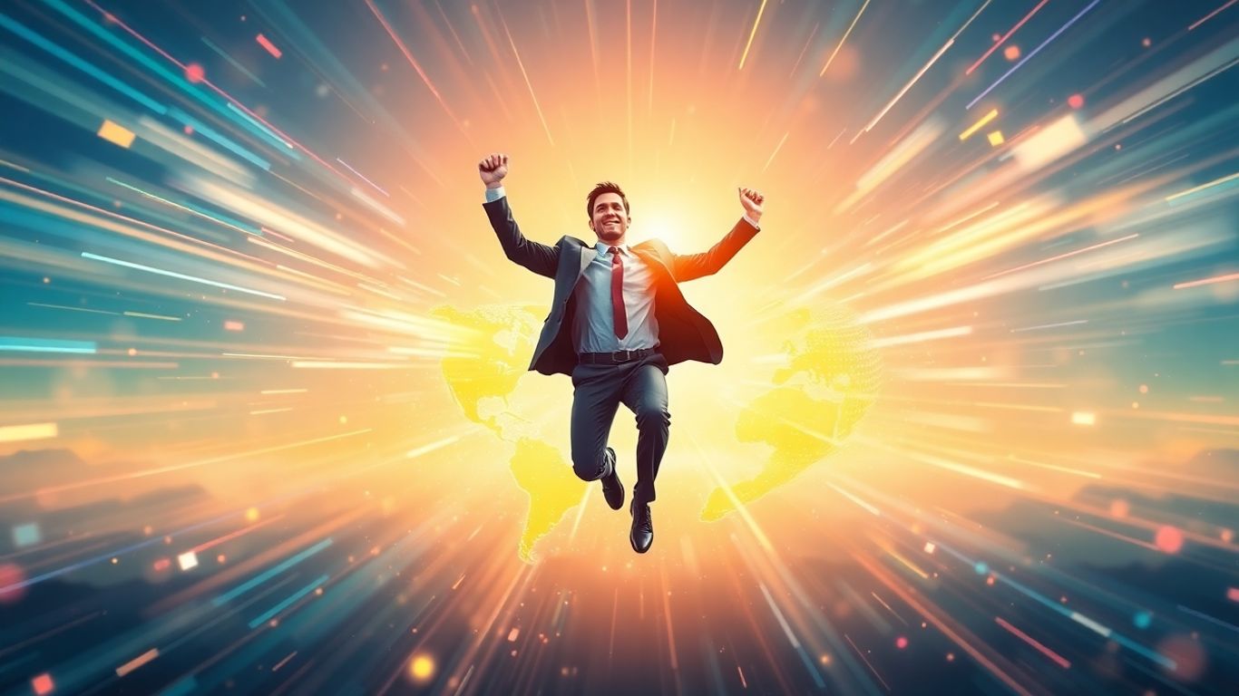 Business professional flying through digital space