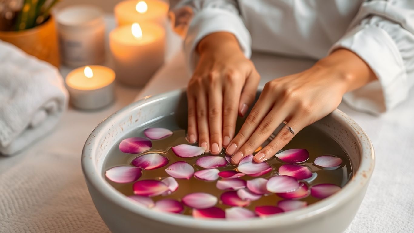Žena uživa u opuštajućem spa vikendu sa laticama i svećama.