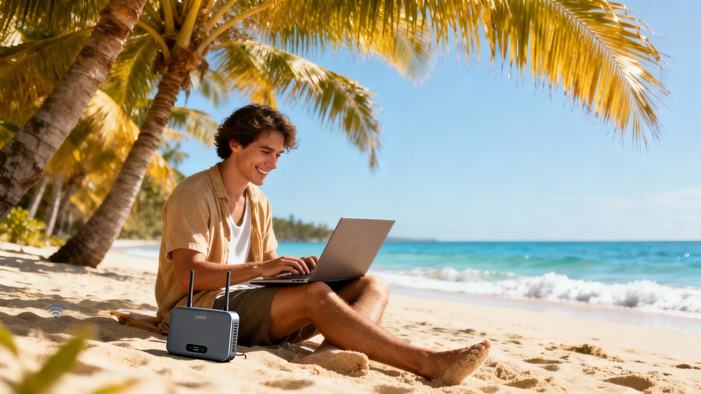 Person using laptop with portable Wi-Fi on a beach.