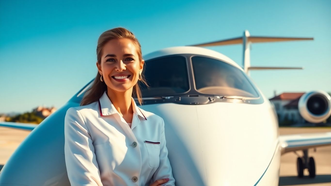 Private jet flight attendant smiling by a luxury aircraft.
