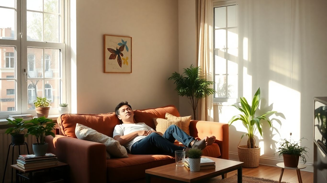 Interior de apartamento acogedor con persona relajada.